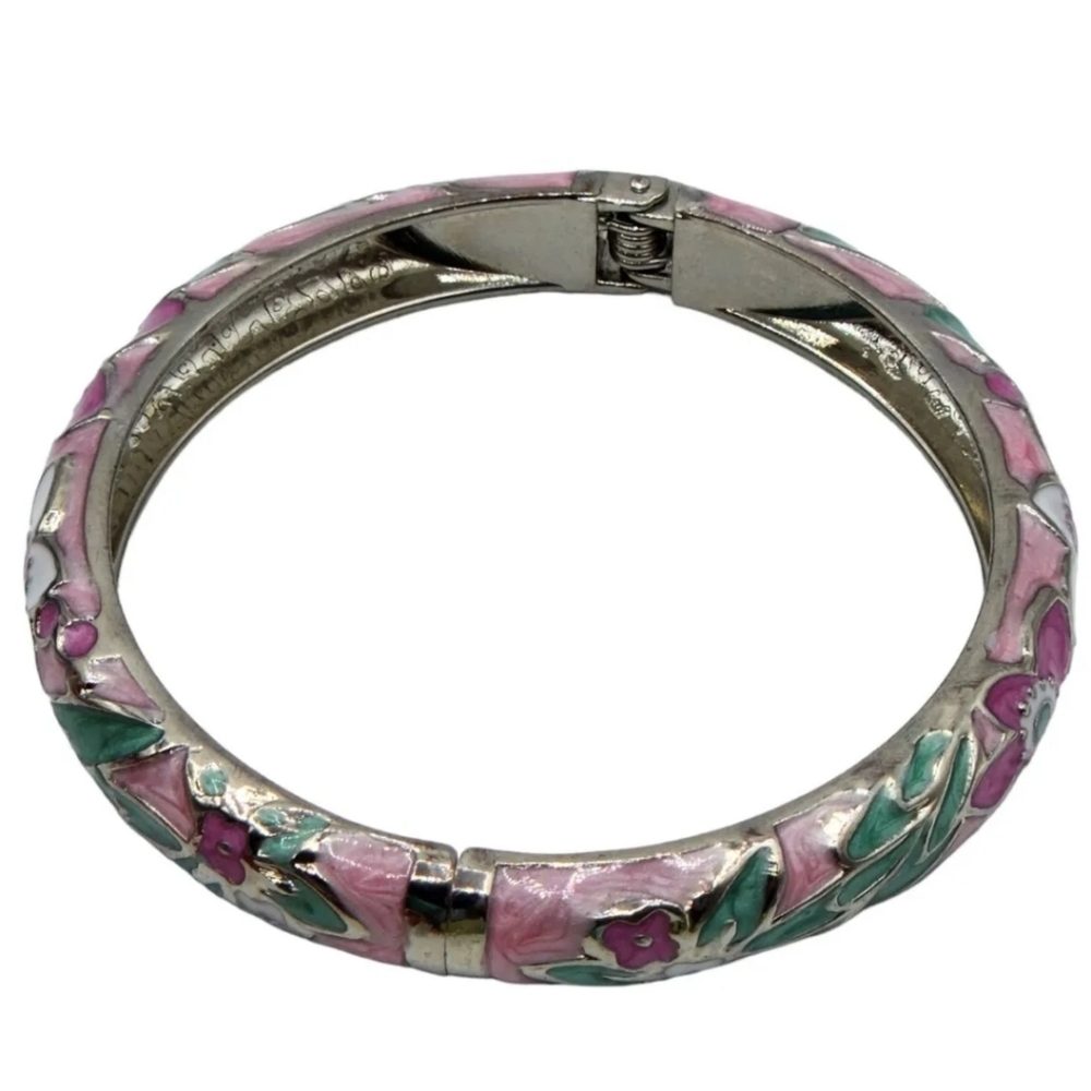 Vintage JIU LONG XING Enamel Hinged Cuff Bracelet Pink Green Floral Rhinestone
